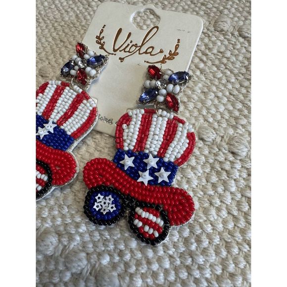 PATRIOTIC HAT AND GLASSES SEED BEAD EARRINGS - Picture 3 of 4